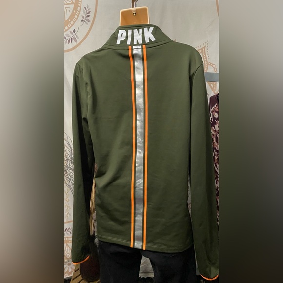 Victoria's Secret Pink L Ultimate Olive Green Neon Orange 1/2 Zip Pullover Shirt - Picture 4 of 6